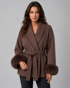 Cappotto Donna a Portafoglio con Cintura e Pelliccia