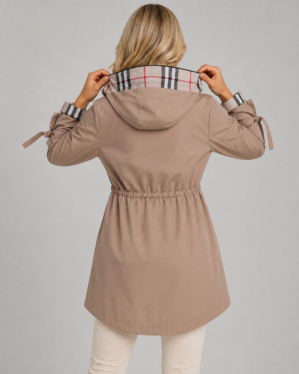 Trench Donna con Cappuccio a Quadri e Vita Regolabile