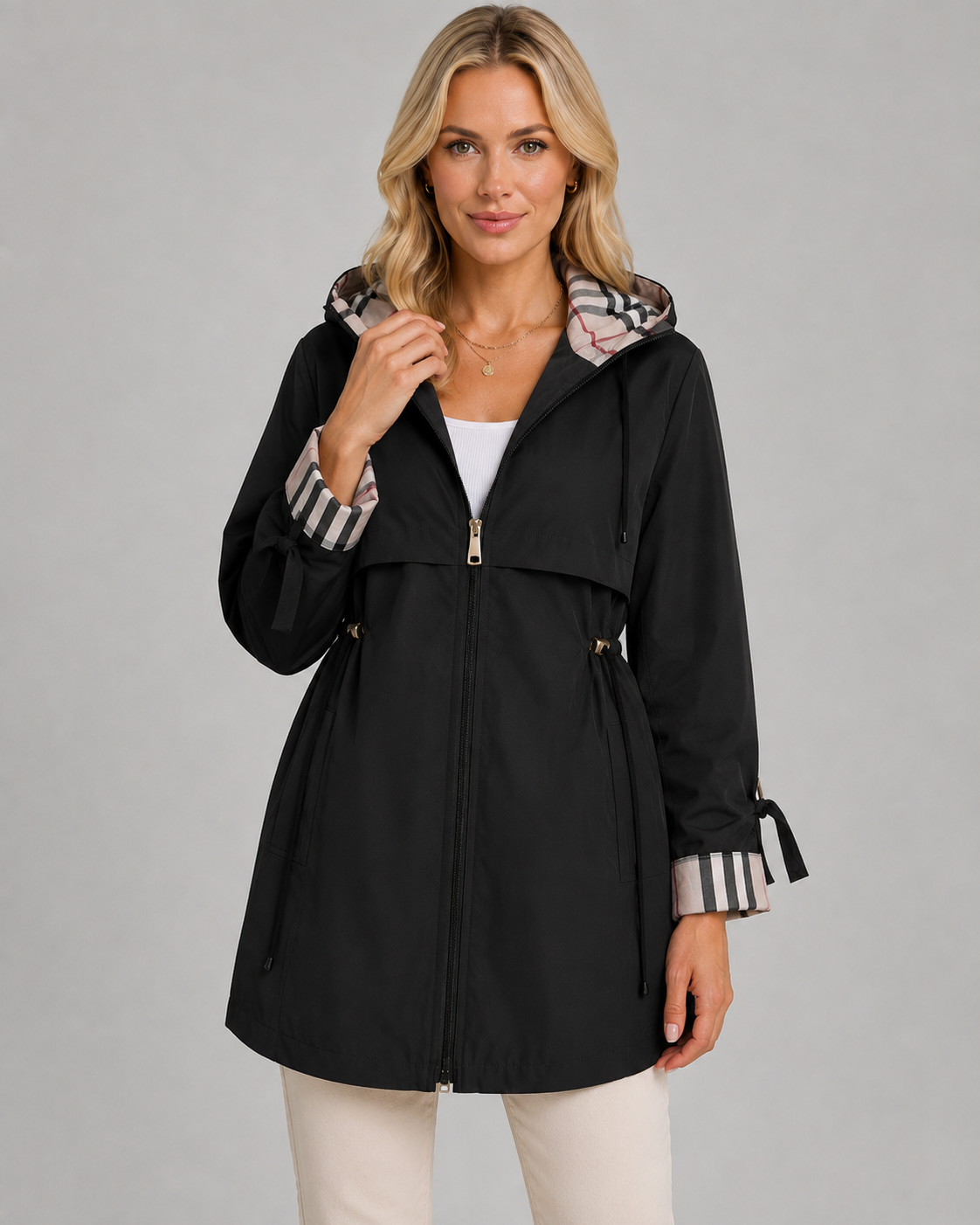 Trench Donna con Cappuccio a Quadri e Vita Regolabile