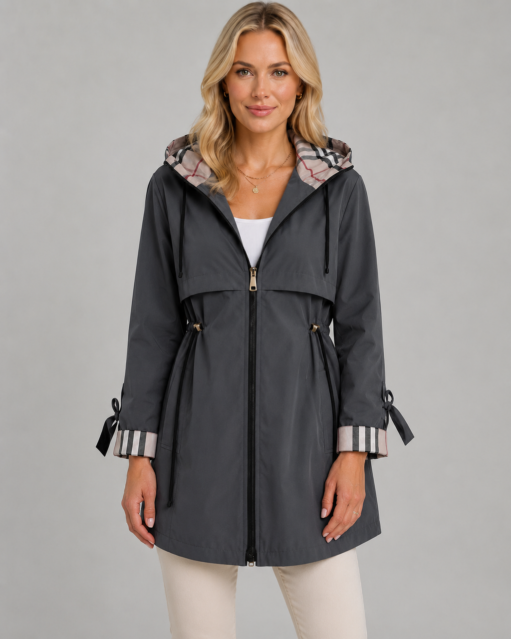 Trench Donna con Cappuccio a Quadri e Vita Regolabile