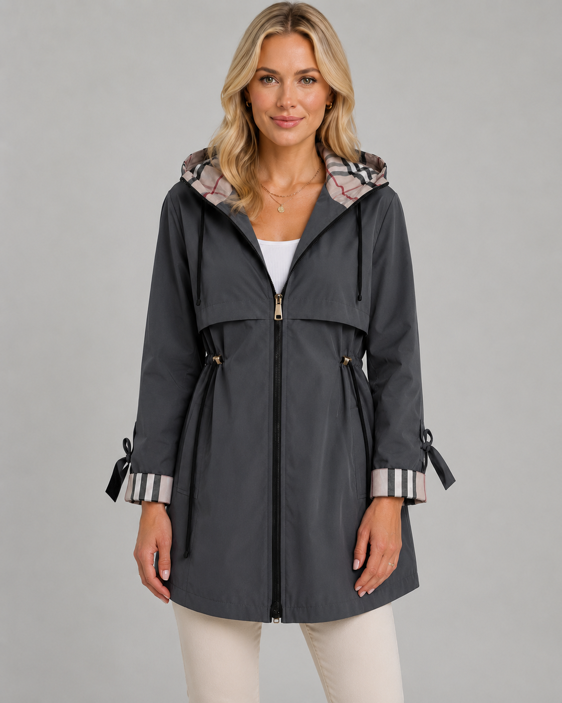 Trench Donna con Cappuccio a Quadri e Vita Regolabile