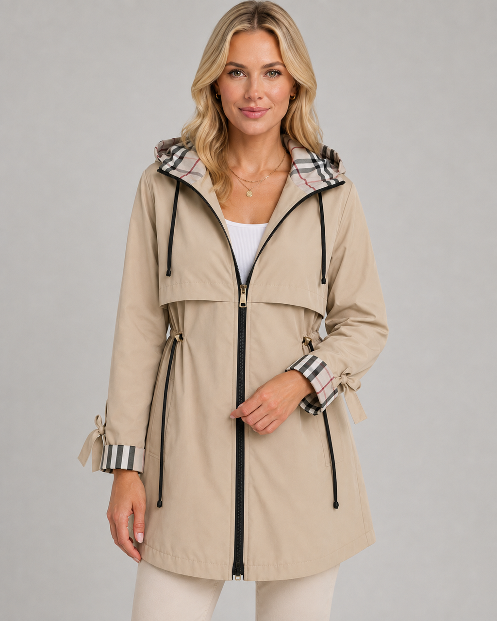 Trench Donna con Cappuccio a Quadri e Vita Regolabile