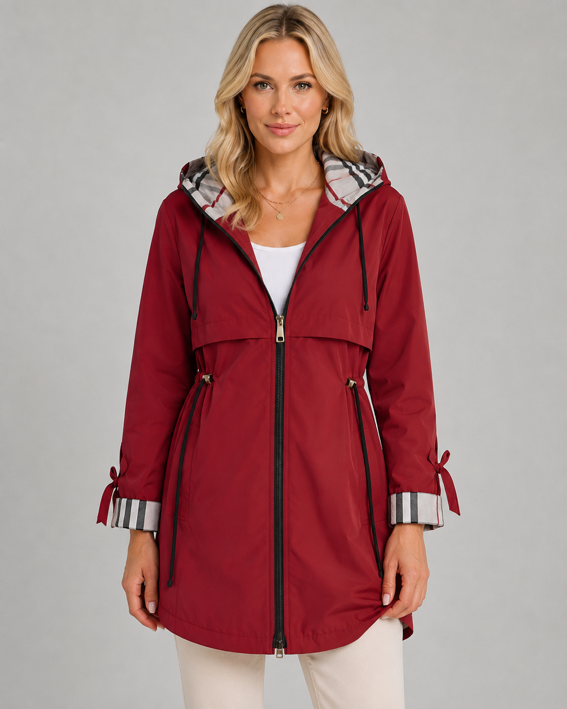 Trench Donna con Cappuccio a Quadri e Vita Regolabile
