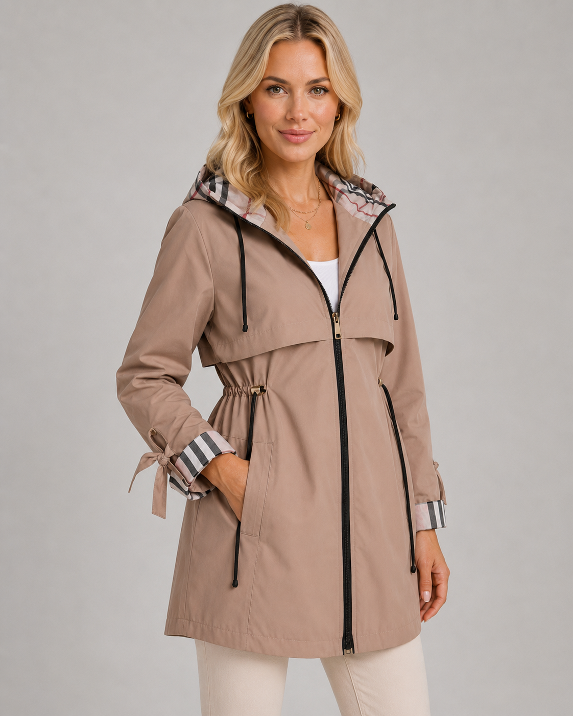 Trench Donna con Cappuccio a Quadri e Vita Regolabile