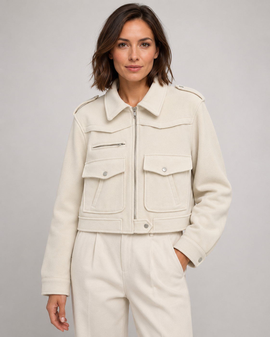 Giacca Corta Donna Effetto Camoscio con Tasche