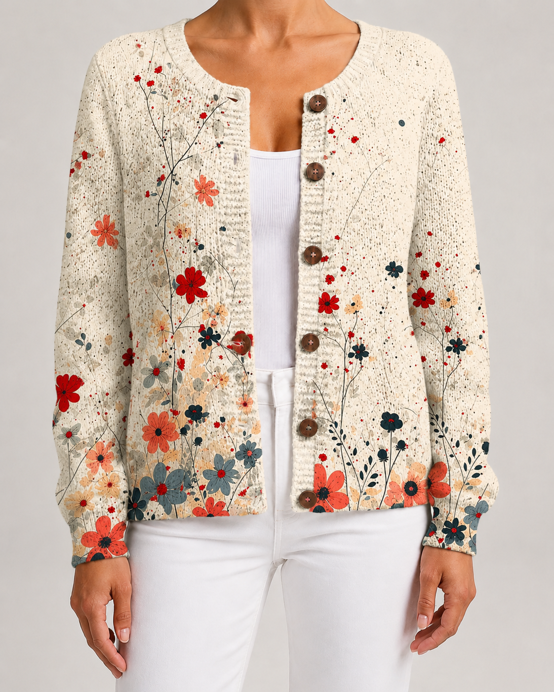 Cardigan Donna in Maglia con Stampa Floreale