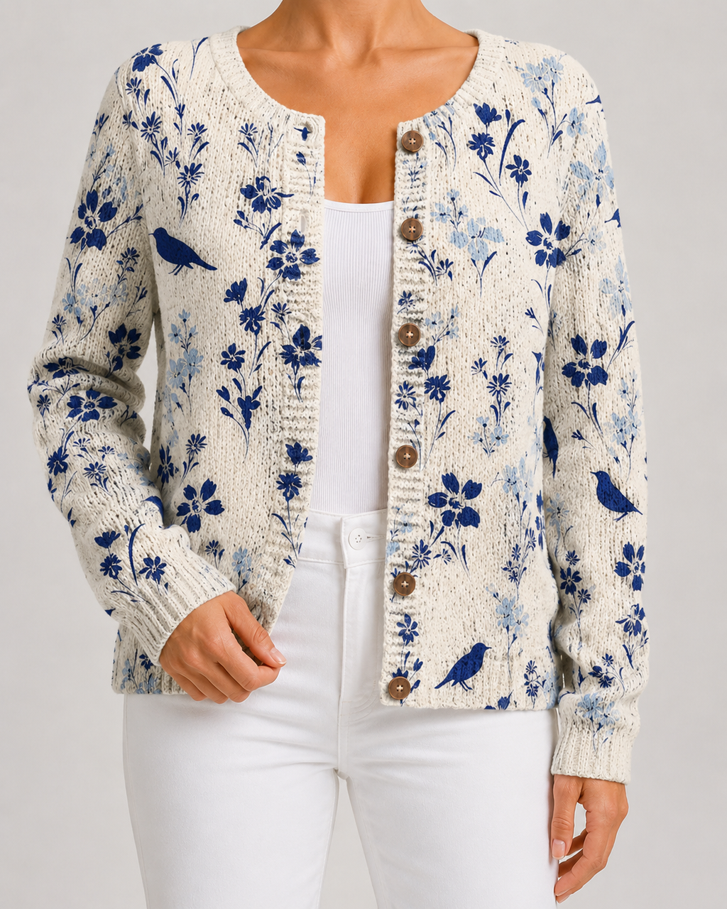 Cardigan Donna in Maglia con Stampa Floreale