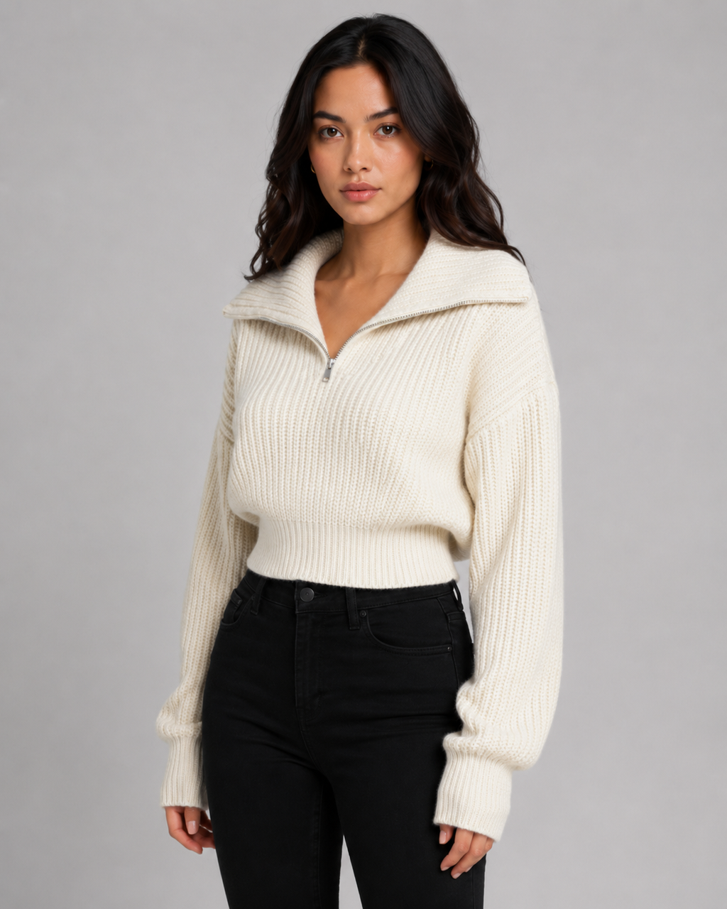 Maglione Corto Donna a Coste con Mezza Zip