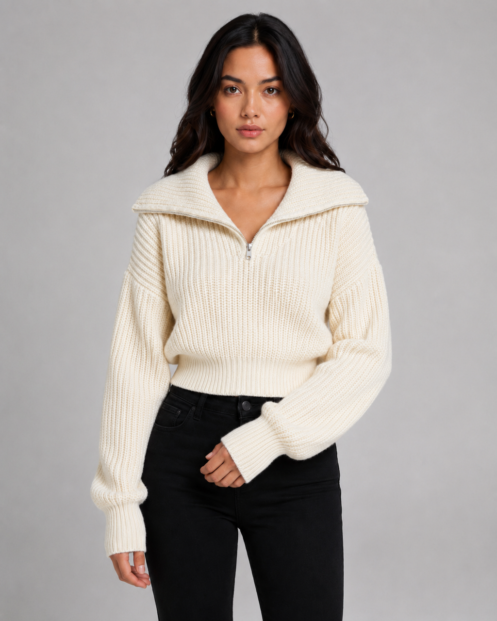 Maglione Corto Donna a Coste con Mezza Zip