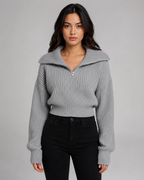 Maglione Corto Donna a Coste con Mezza Zip