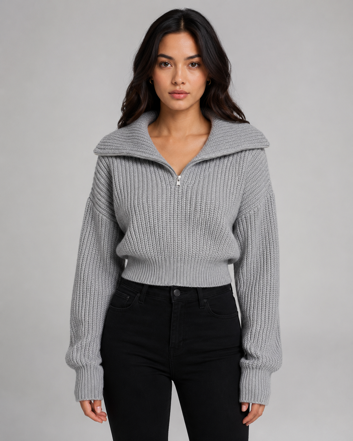 Maglione Corto Donna a Coste con Mezza Zip