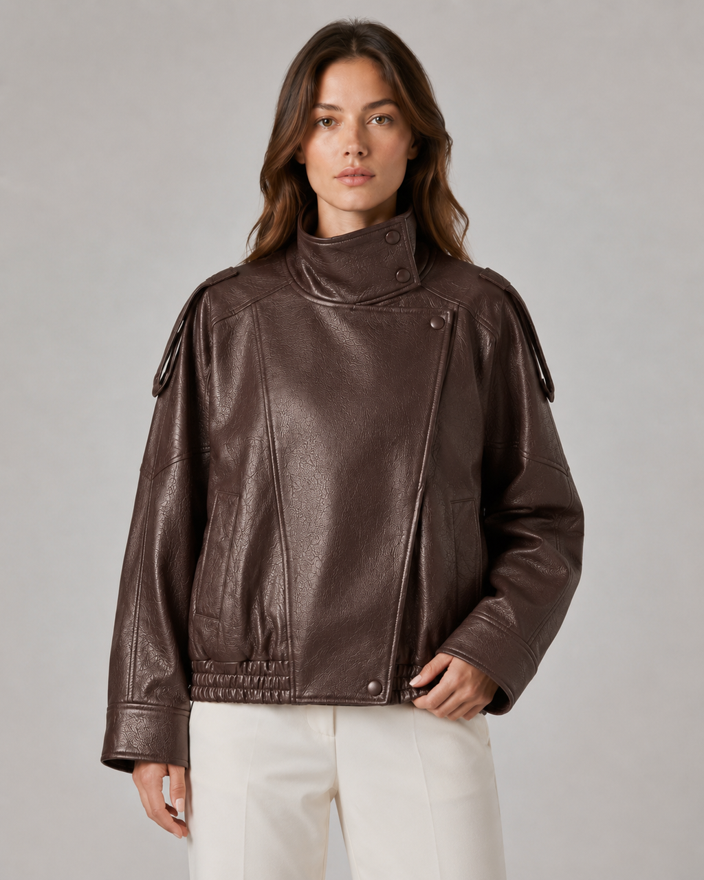 Giacca Donna in Pelle con Collo Alto