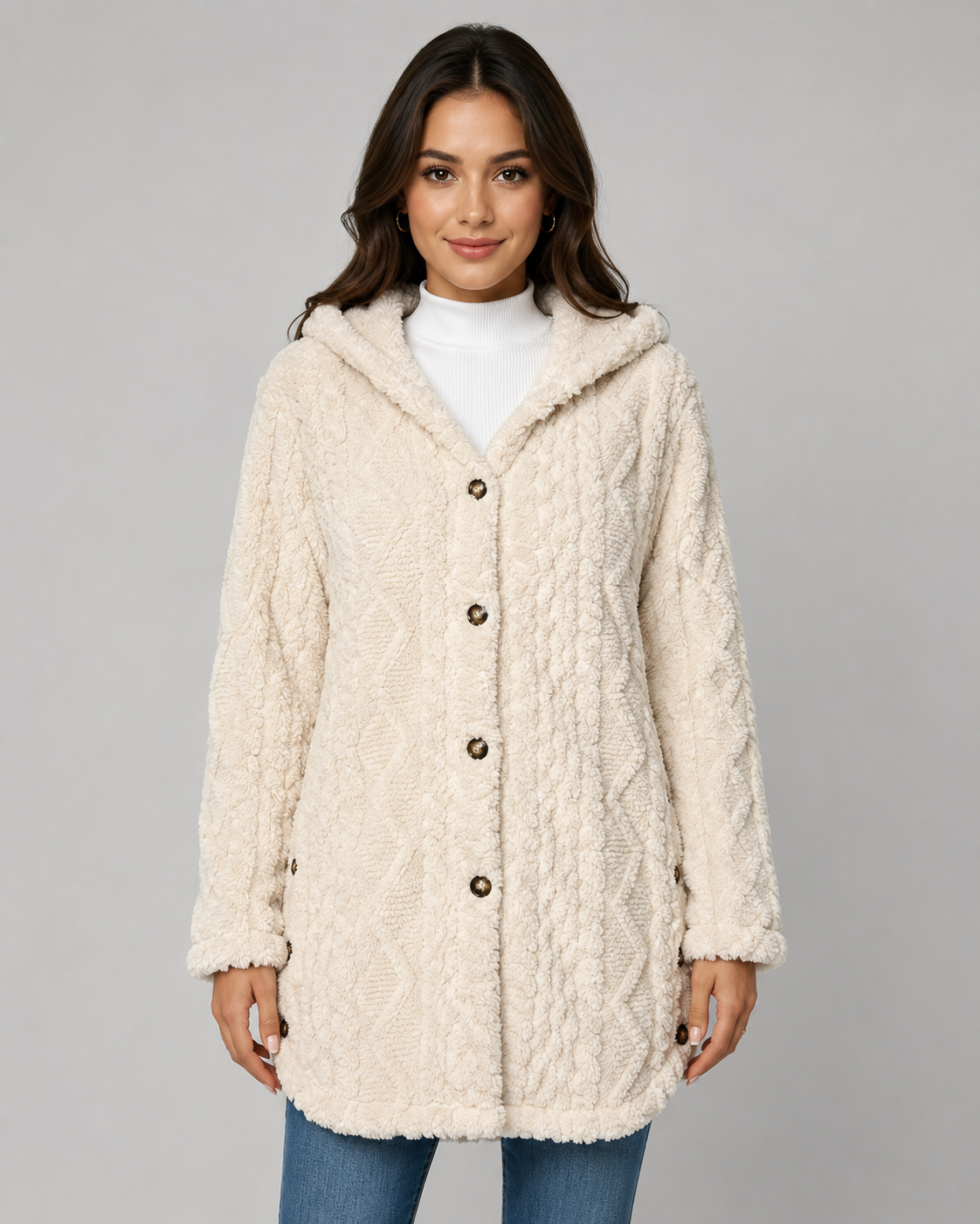 Giacca Teddy Donna con Cappuccio e Texture a Trecce