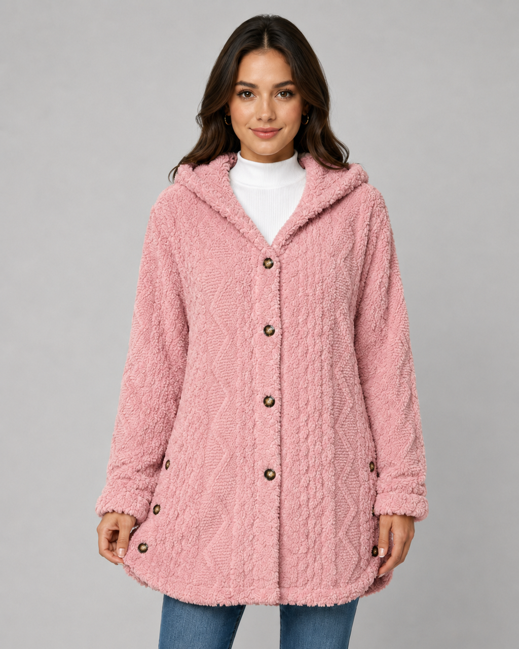 Giacca Teddy Donna con Cappuccio e Texture a Trecce