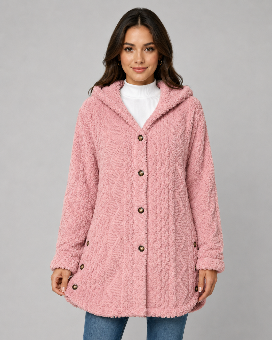 Giacca Teddy Donna con Cappuccio e Texture a Trecce