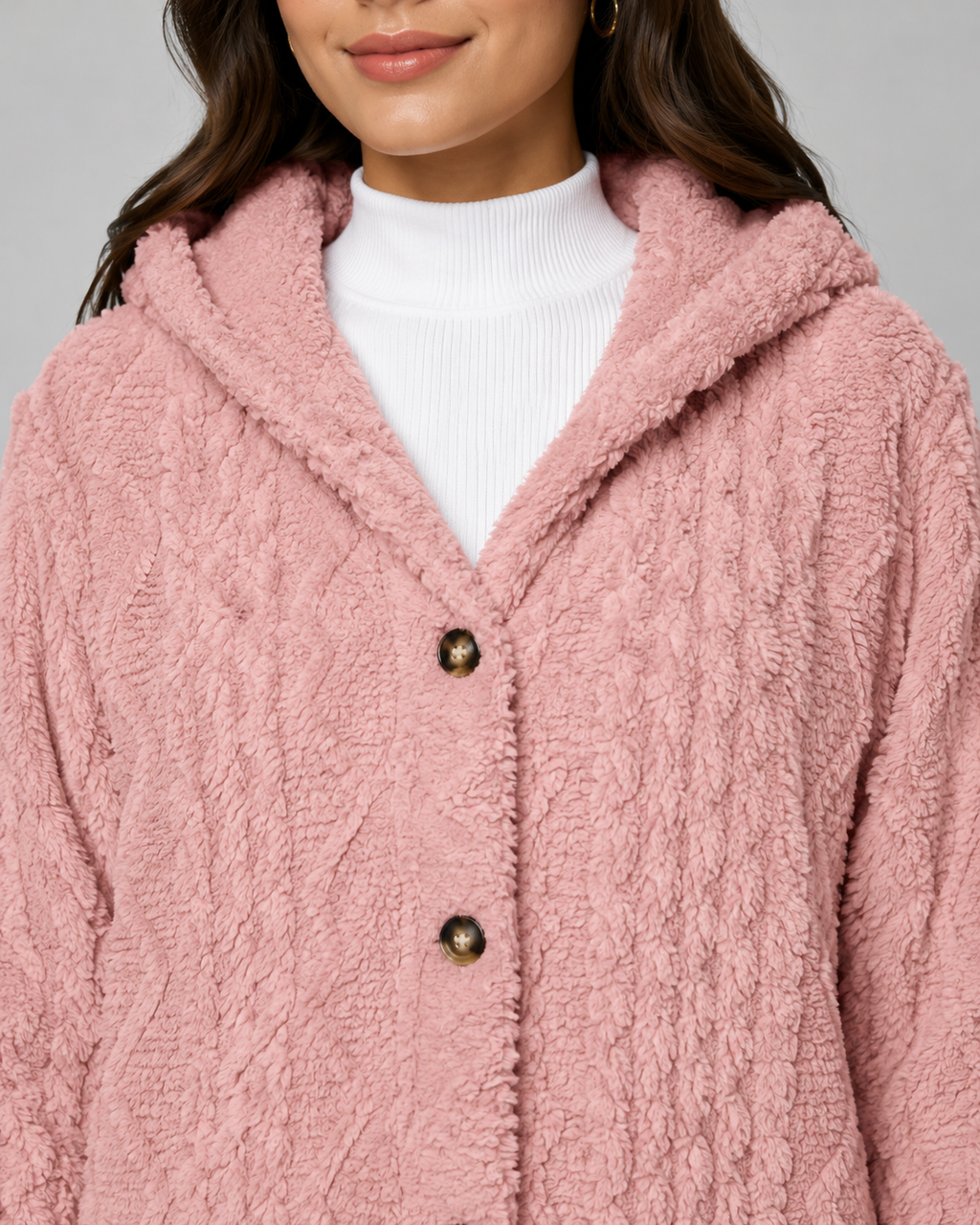 Giacca Teddy Donna con Cappuccio e Texture a Trecce