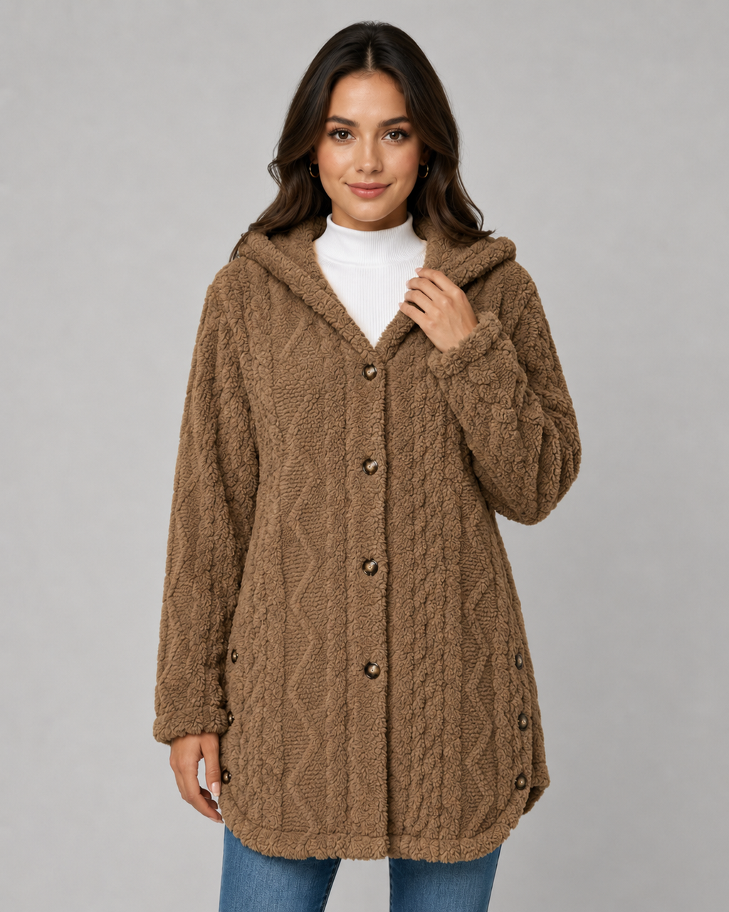 Giacca Teddy Donna con Cappuccio e Texture a Trecce
