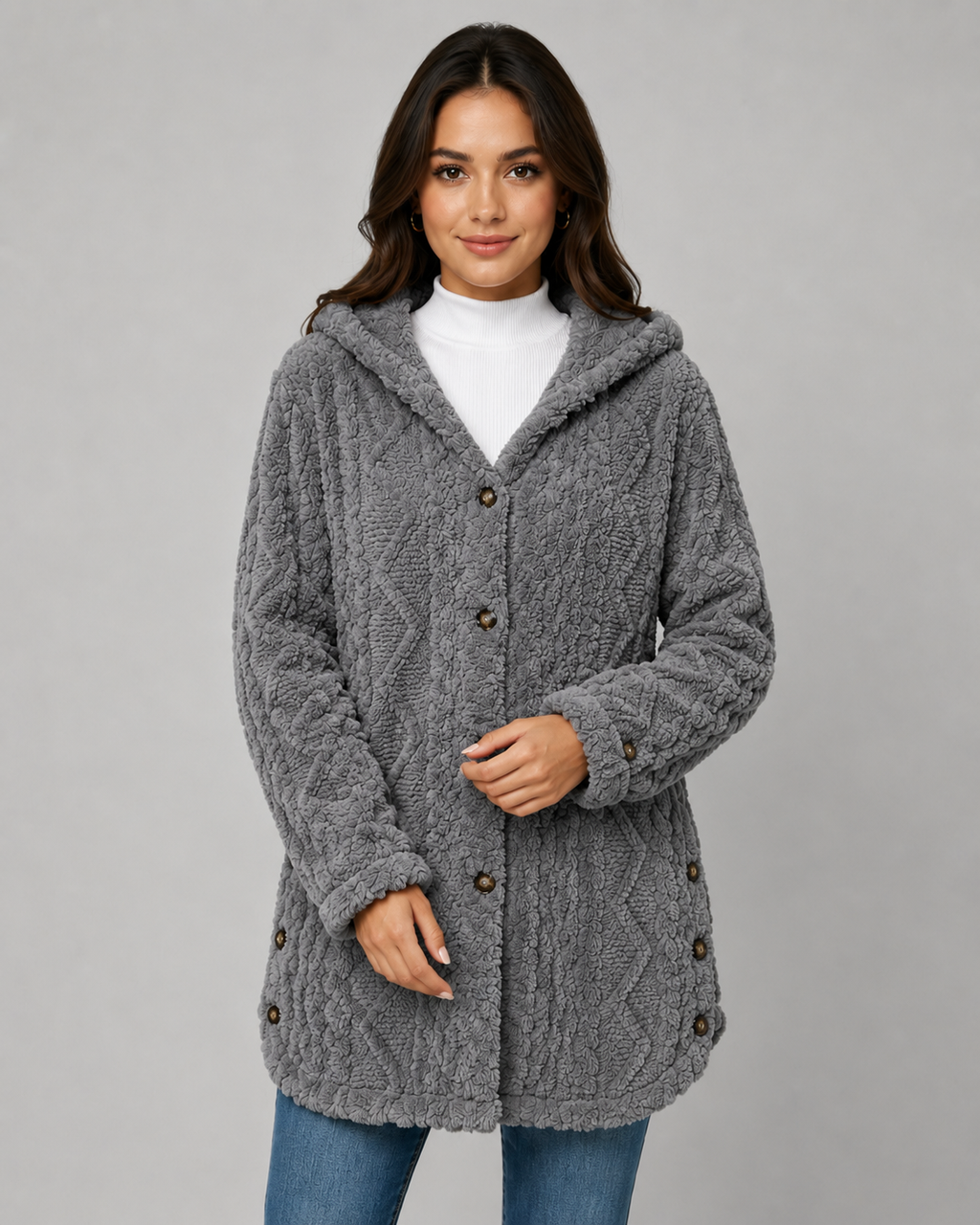 Giacca Teddy Donna con Cappuccio e Texture a Trecce
