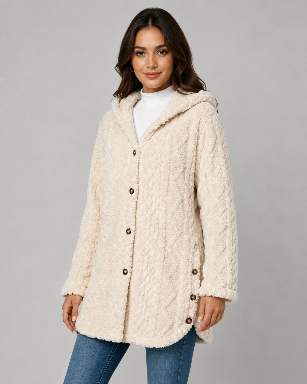 Giacca Teddy Donna con Cappuccio e Texture a Trecce