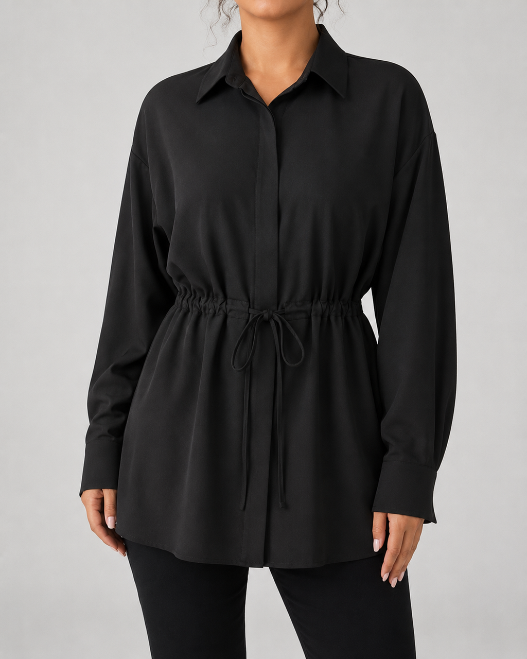 Camisa larga oversize de mujer con cordón en la cintura
