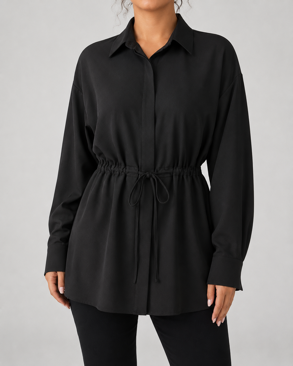 Camisa larga oversize de mujer con cordón en la cintura