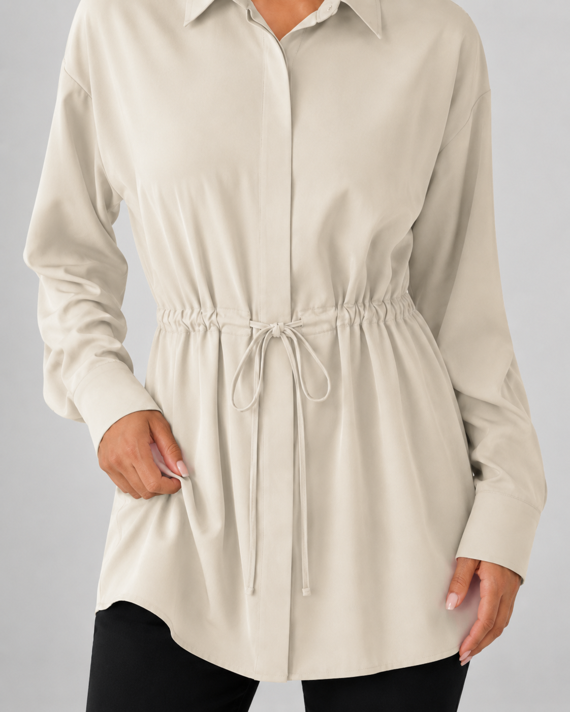 Camisa larga oversize de mujer con cordón en la cintura