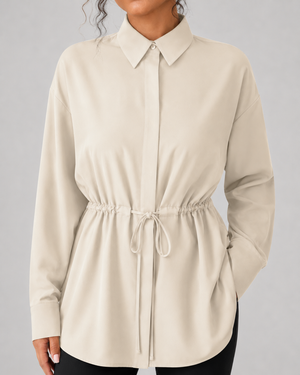Camisa larga oversize de mujer con cordón en la cintura