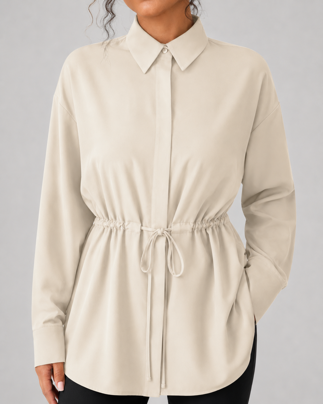 Camisa larga oversize de mujer con cordón en la cintura