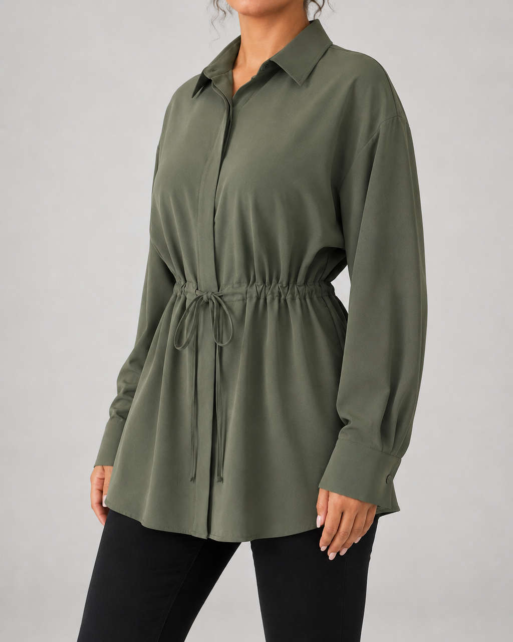 Camisa larga oversize de mujer con cordón en la cintura