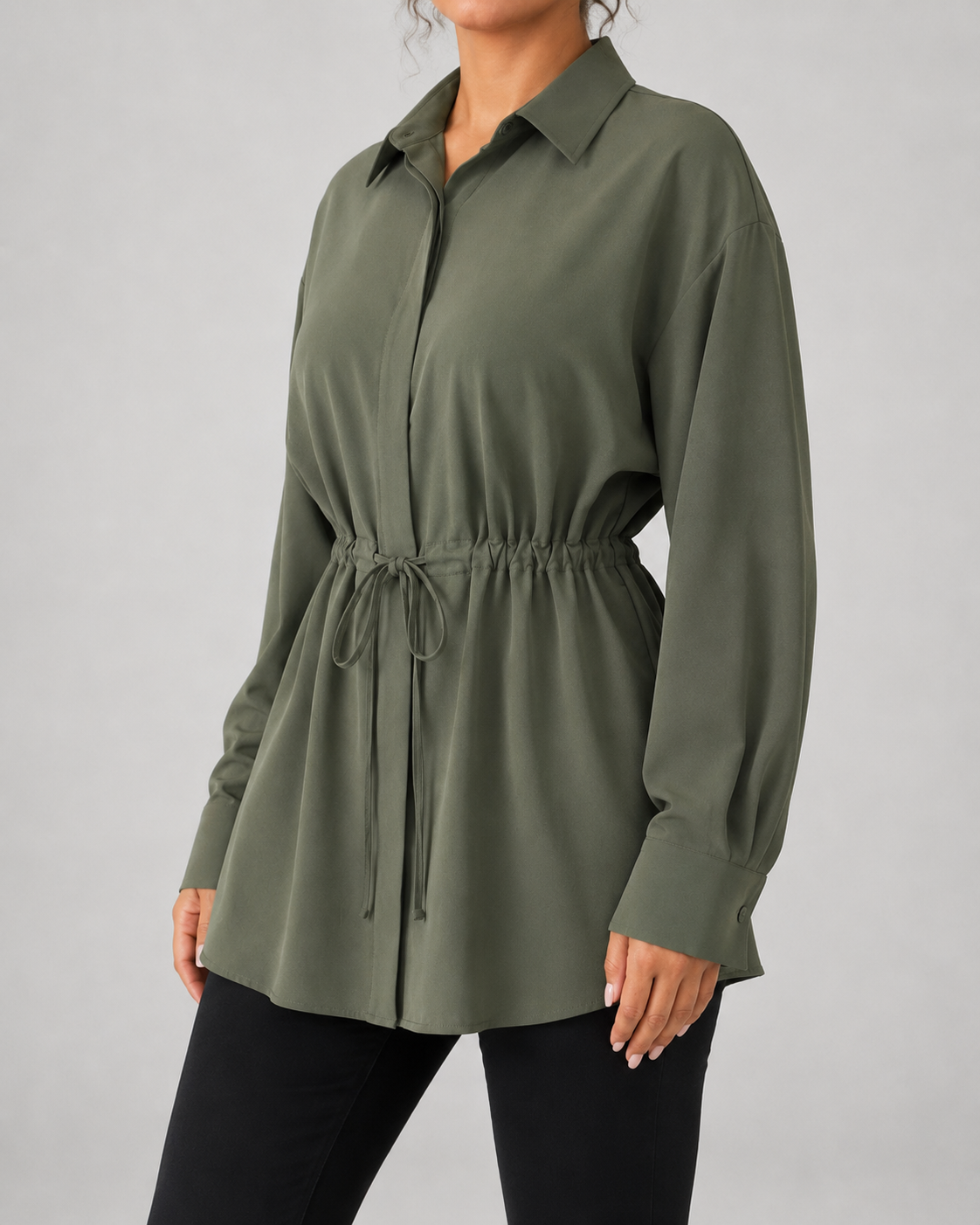 Camisa larga oversize de mujer con cordón en la cintura
