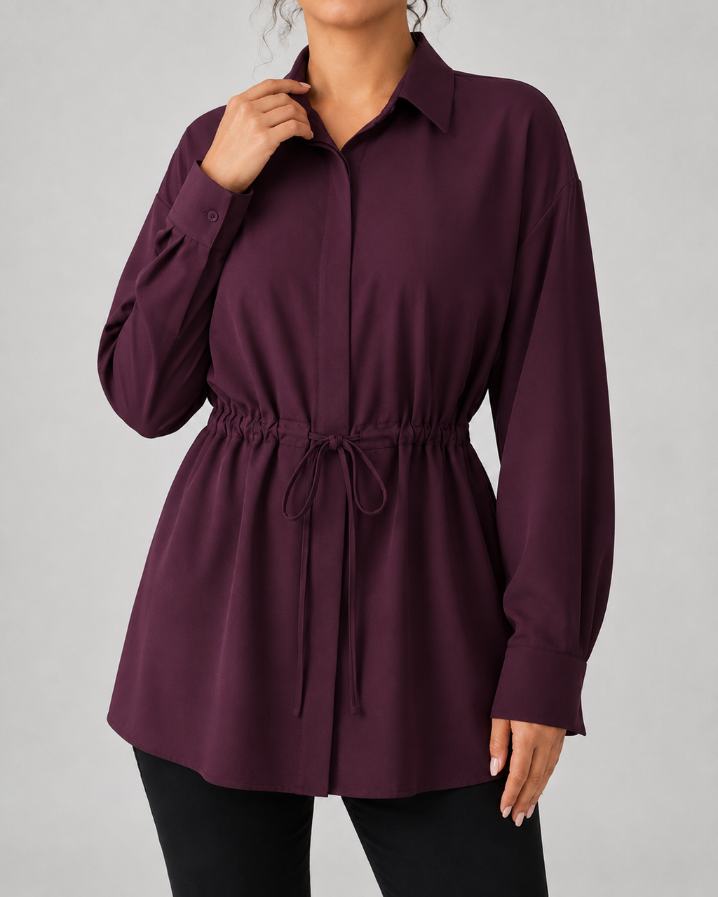 Camisa larga oversize de mujer con cordón en la cintura