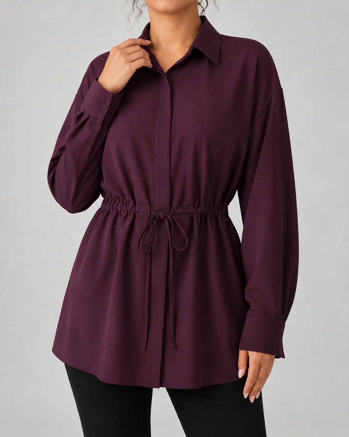 Camisa larga oversize de mujer con cordón en la cintura