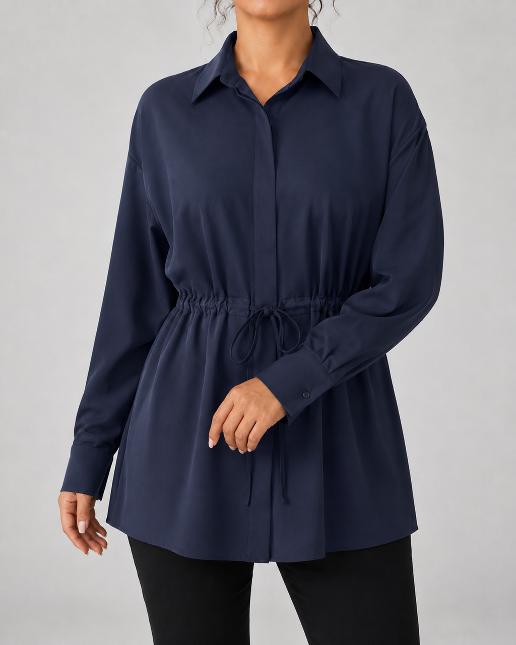 Camisa larga oversize de mujer con cordón en la cintura