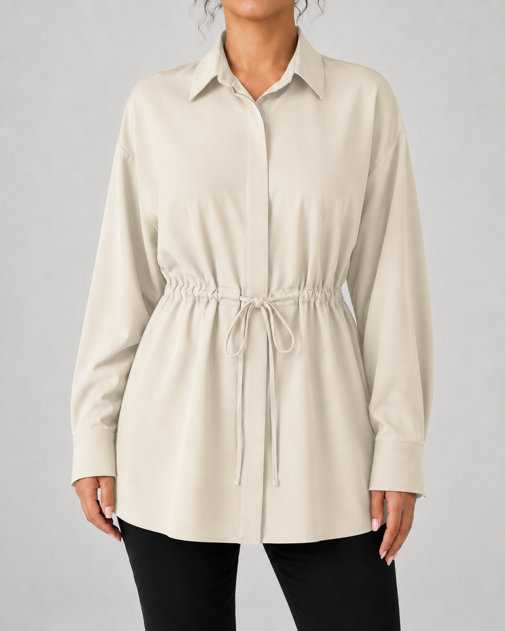 Camisa larga oversize de mujer con cordón en la cintura