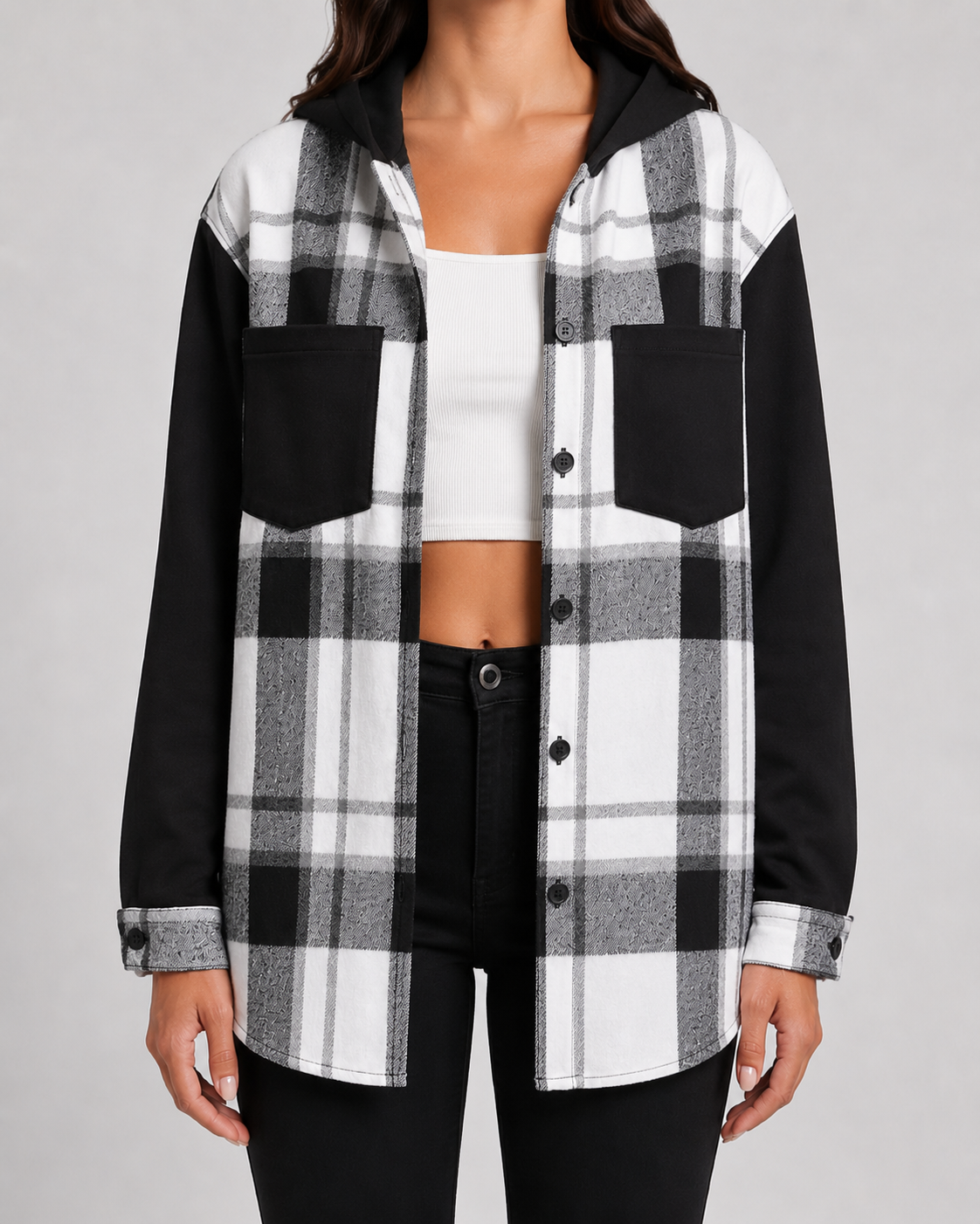 Giacca Camicia Donna a Quadri con Cappuccio