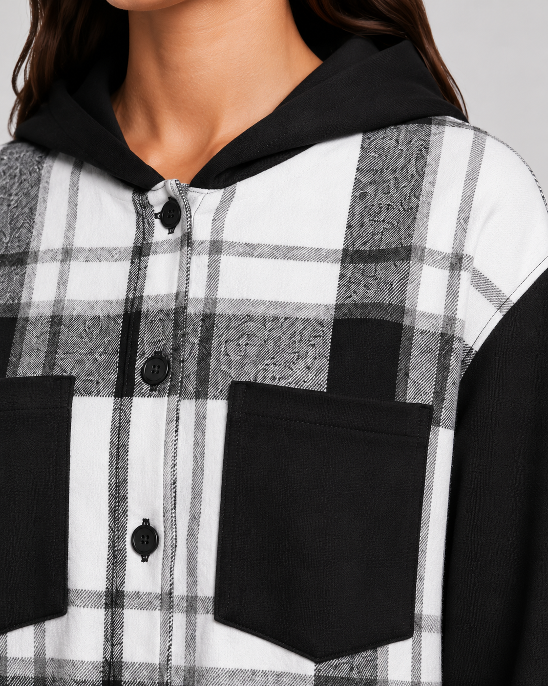 Giacca Camicia Donna a Quadri con Cappuccio