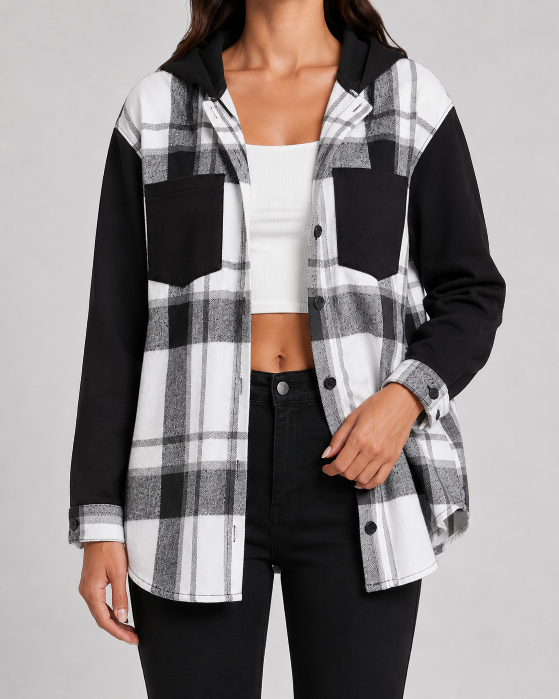 Giacca Camicia Donna a Quadri con Cappuccio