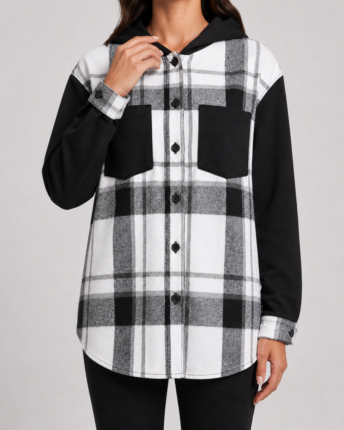 Giacca Camicia Donna a Quadri con Cappuccio
