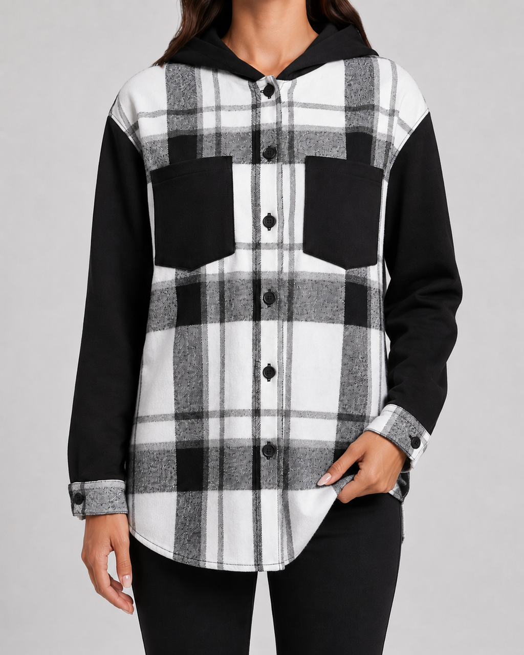 Giacca Camicia Donna a Quadri con Cappuccio