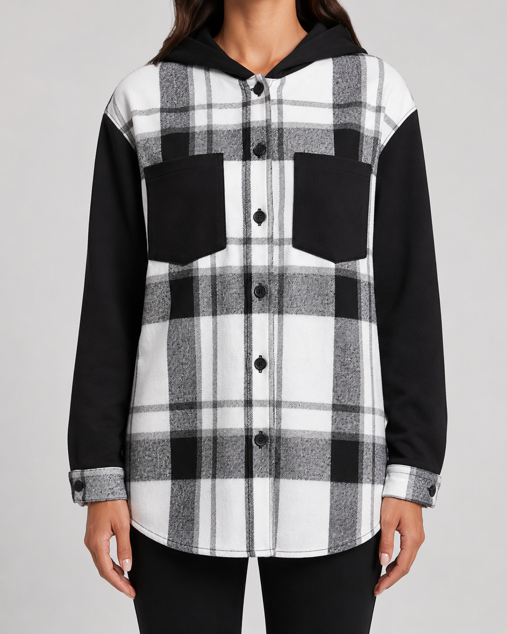 Giacca Camicia Donna a Quadri con Cappuccio