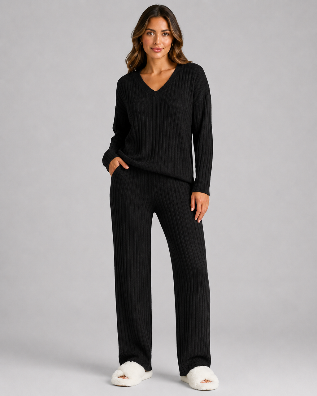 Completo Donna in Maglia a Coste con Scollo a V