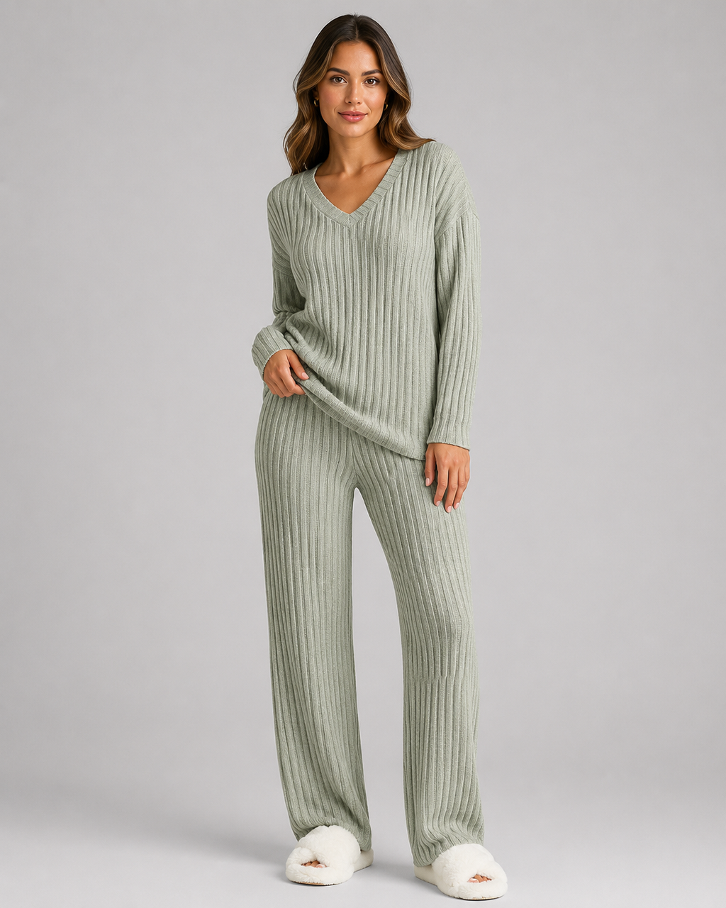 Completo Donna in Maglia a Coste con Scollo a V