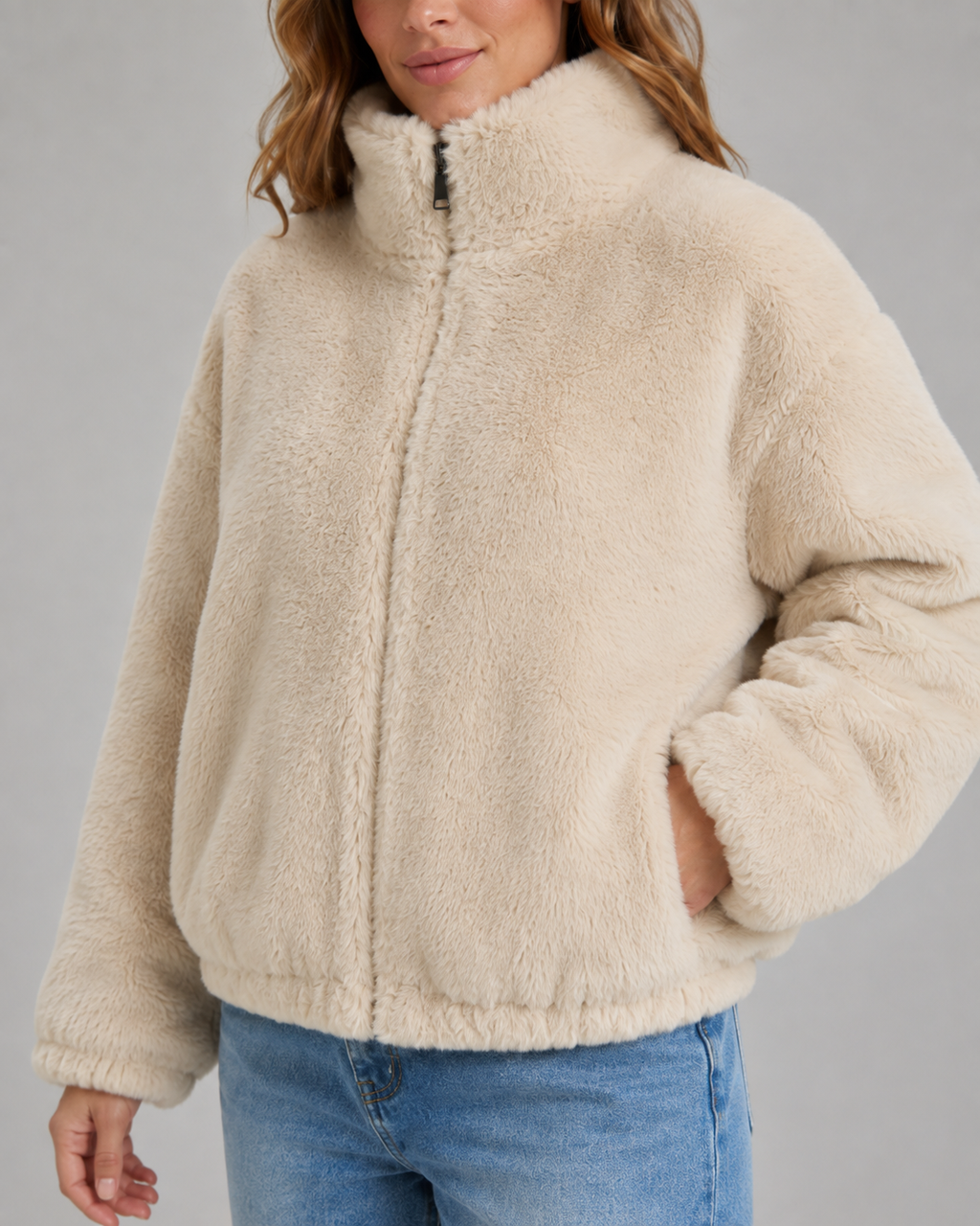 Giacca Teddy Donna Corta con Collo Alto