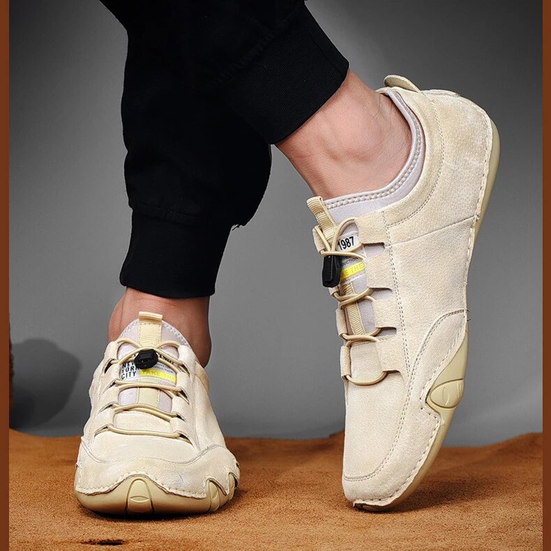 Mocassins homme en cuir véritable avec lacets de serrage – chaussures à enfiler respirantes avec empiècements en mesh